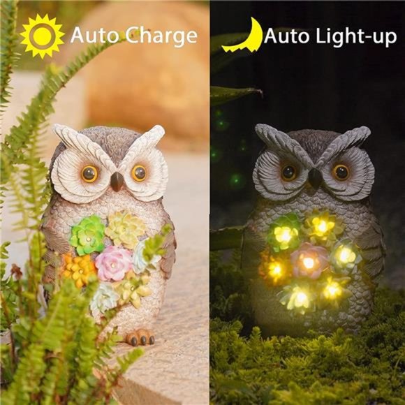 Seizeen Solar Garden Statue - Cute Owl Figurines with  Outdoor Solar Garden-Statues Owl-Statue - Resin Owl with Succulents & LED Lights